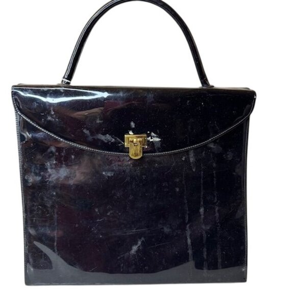Vintage Black Patent Leather Handbag With Gold-Tone Clasp And Striped Inner Lini - Picture 1 of 8